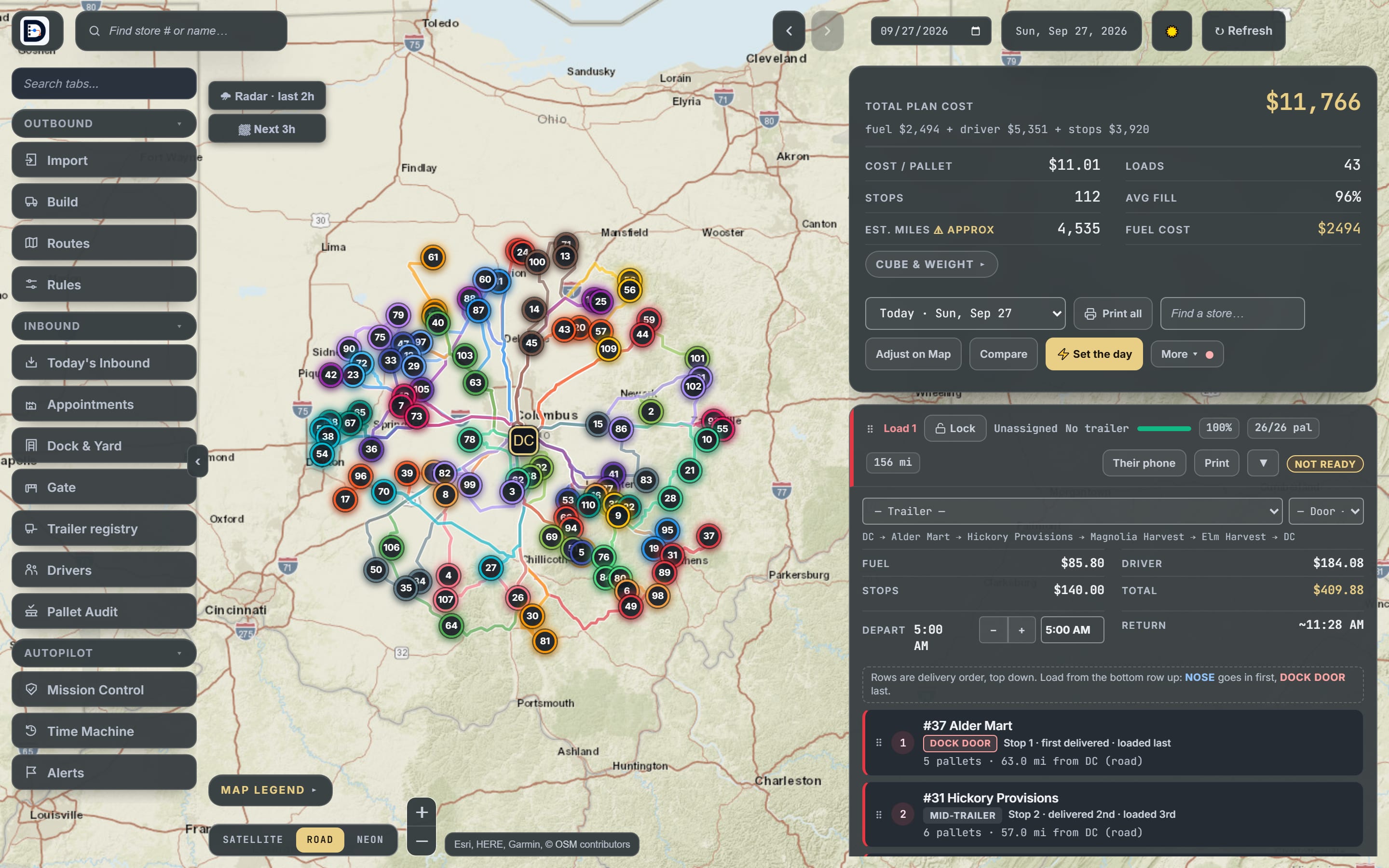 The Routes tab: every load on the map with its miles, fill, and cost